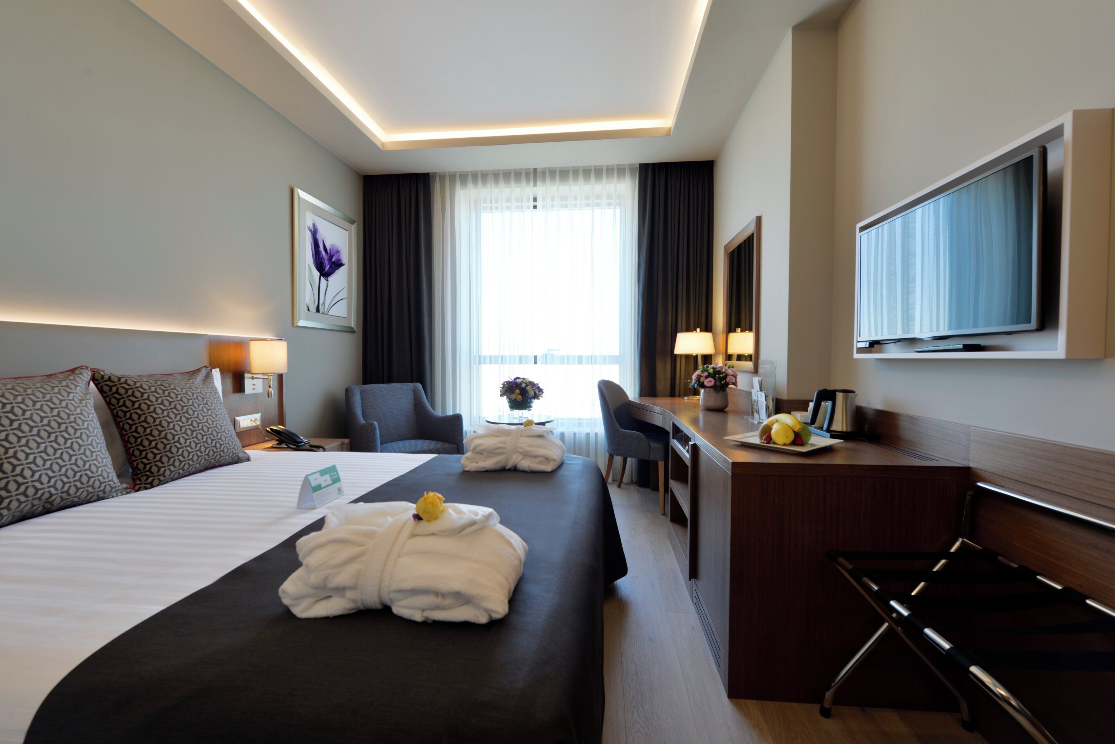 Habitación de hotel con una cama grande, un escritorio, una silla, un televisor y una ventana con cortinas.