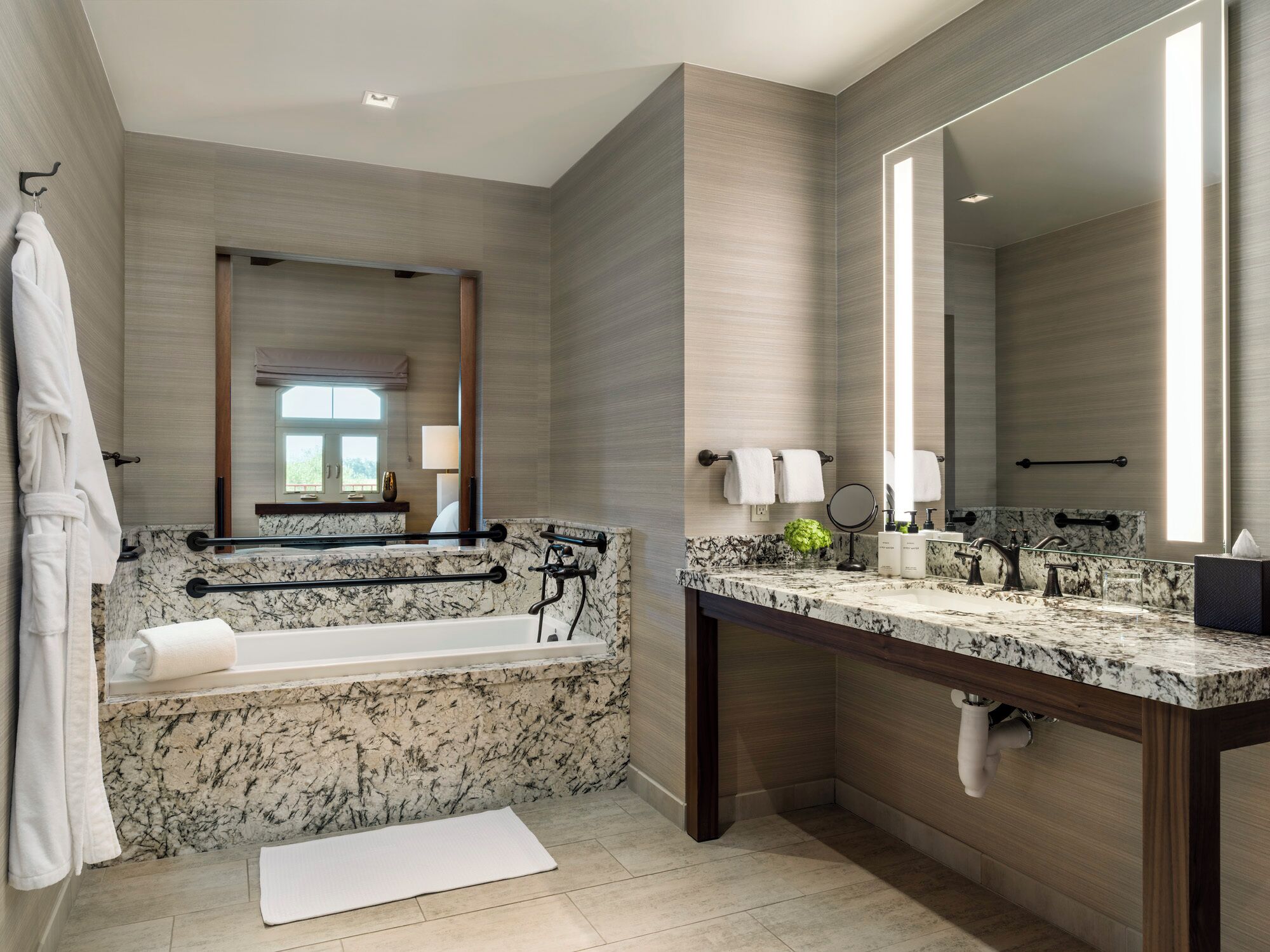 toscana accessible king | bathroom | hair dryer, bathrobes, towels, soap