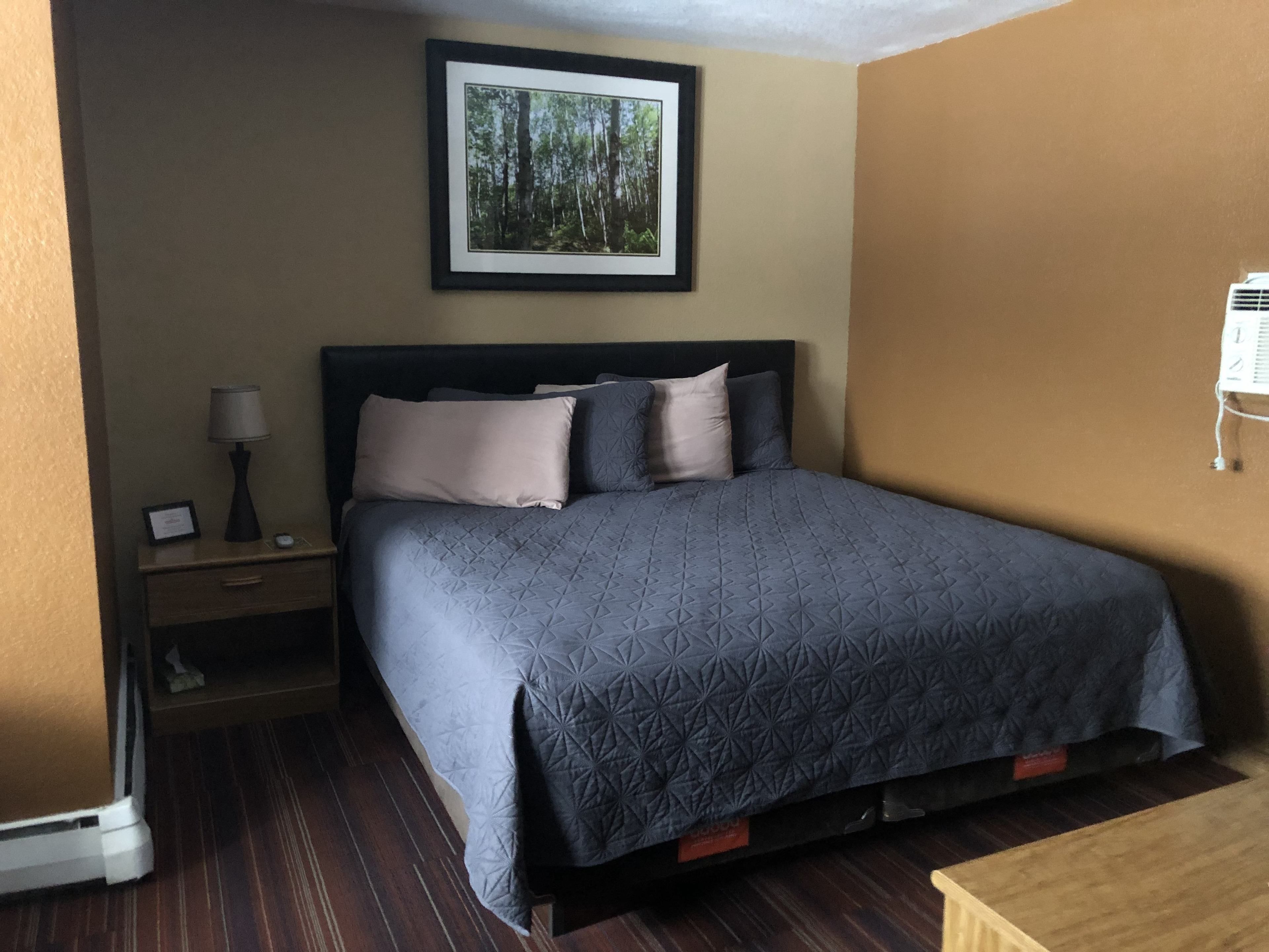 Quarto de hotel com uma cama, mesa de cabeceira, quadro na parede e janela com aparelho de ar condicionado.