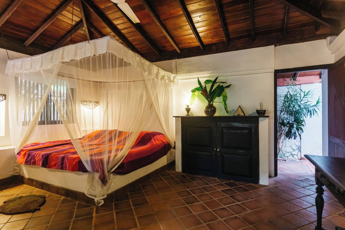 A room with a bed under a mosquito net, a dark wooden cabinet, and a potted plant.