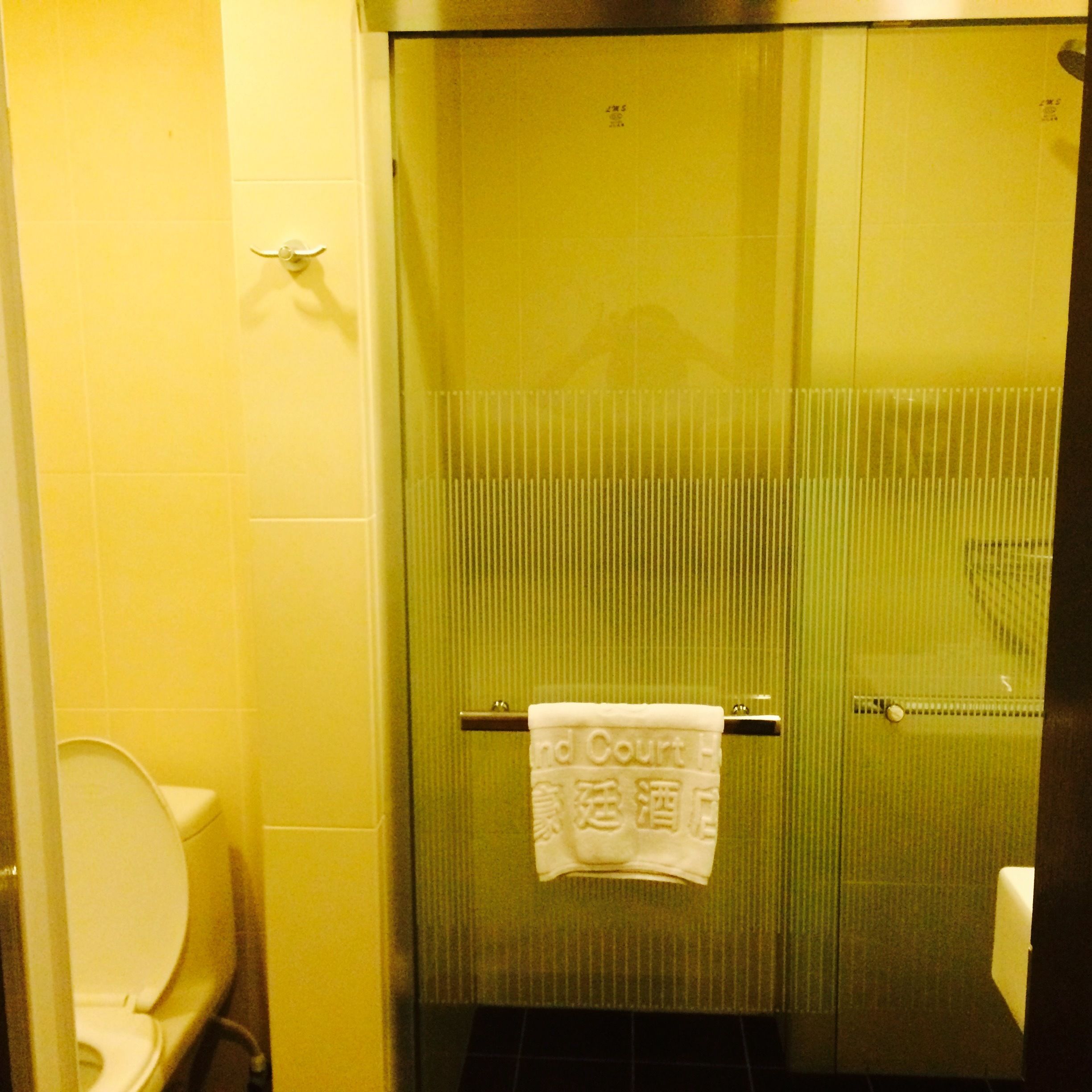 A bathroom with a toilet, a towel hanging on a rack, and a shower area.