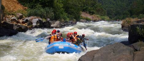 A group of people in a blue raft navigating a river with rapids.