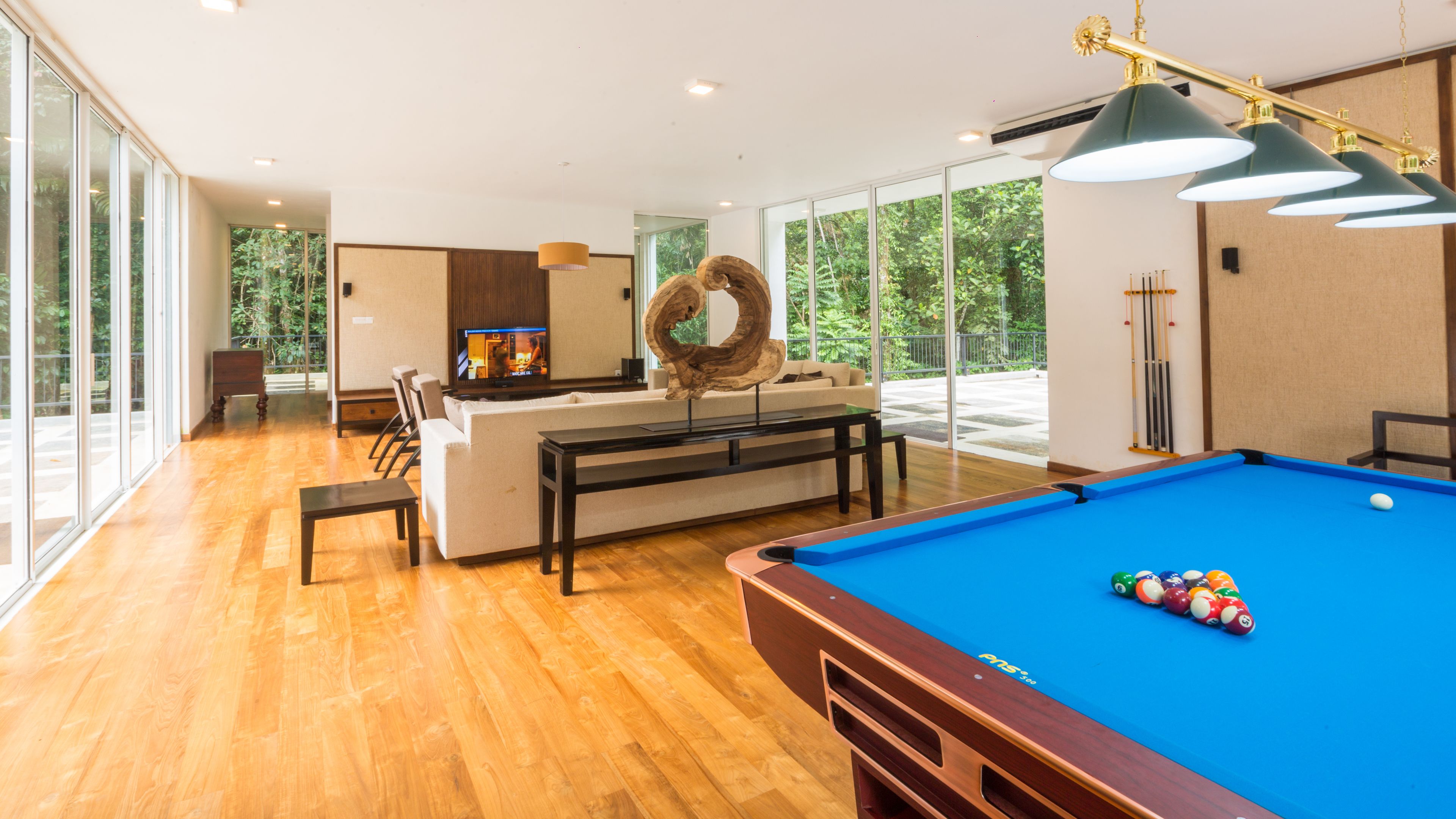 A spacious living area with a pool table, a sofa, and a television.