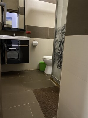 A bathroom with a toilet, a sink, and a mirror. - Crown Palace Inn (Lusaka)