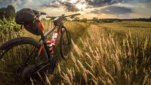 A bicycle parked in a field with a bottle of water and a bag. - weila - dein Boutiquehotel (Arnsberg)