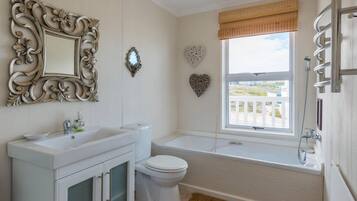 Separate tub and shower, hair dryer