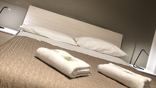 A hotel room with a bed, pillows, a blanket, and a wall-mounted picture. - Guest House Brianza Room (Milan)