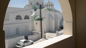 Une vue à travers une fenêtre en arc d’un bâtiment doté d’un dôme et de tours de clocher, avec une voiture garée et une plante en pot.