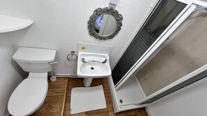 A bathroom with a toilet, sink, and shower.