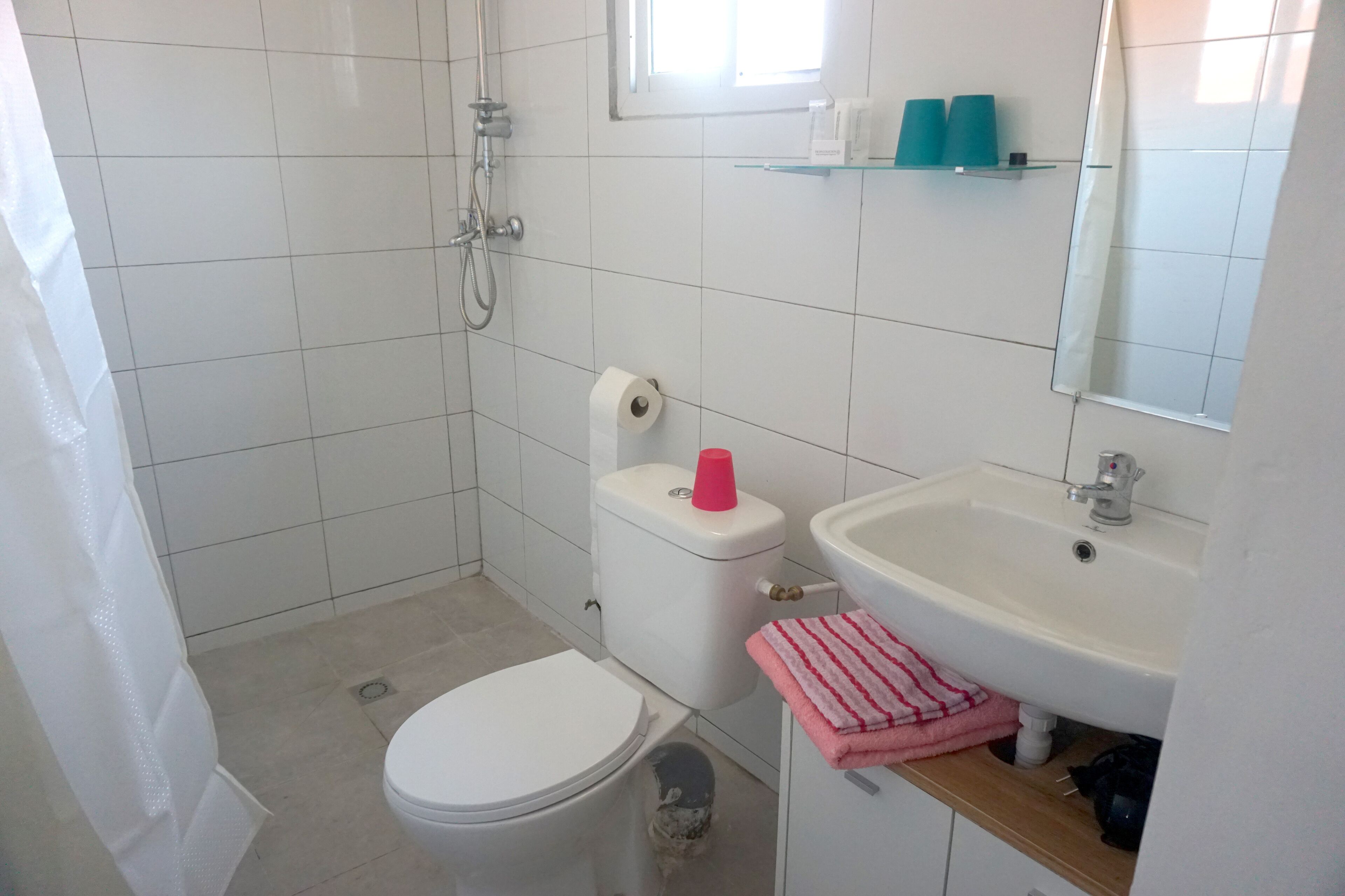 A small, clean bathroom with a toilet, sink, and shower.