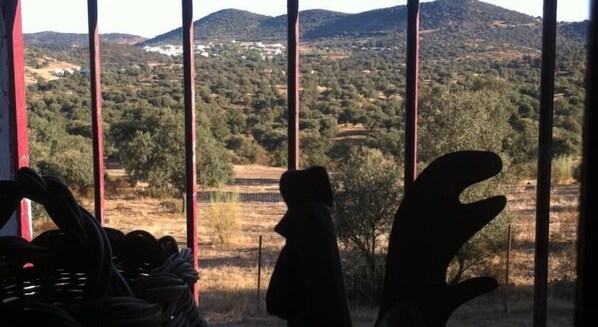 Vista a través de una ventana con un paisaje montañoso al fondo.