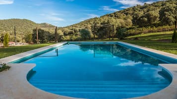 Seasonal outdoor pool, pool umbrellas, sun loungers