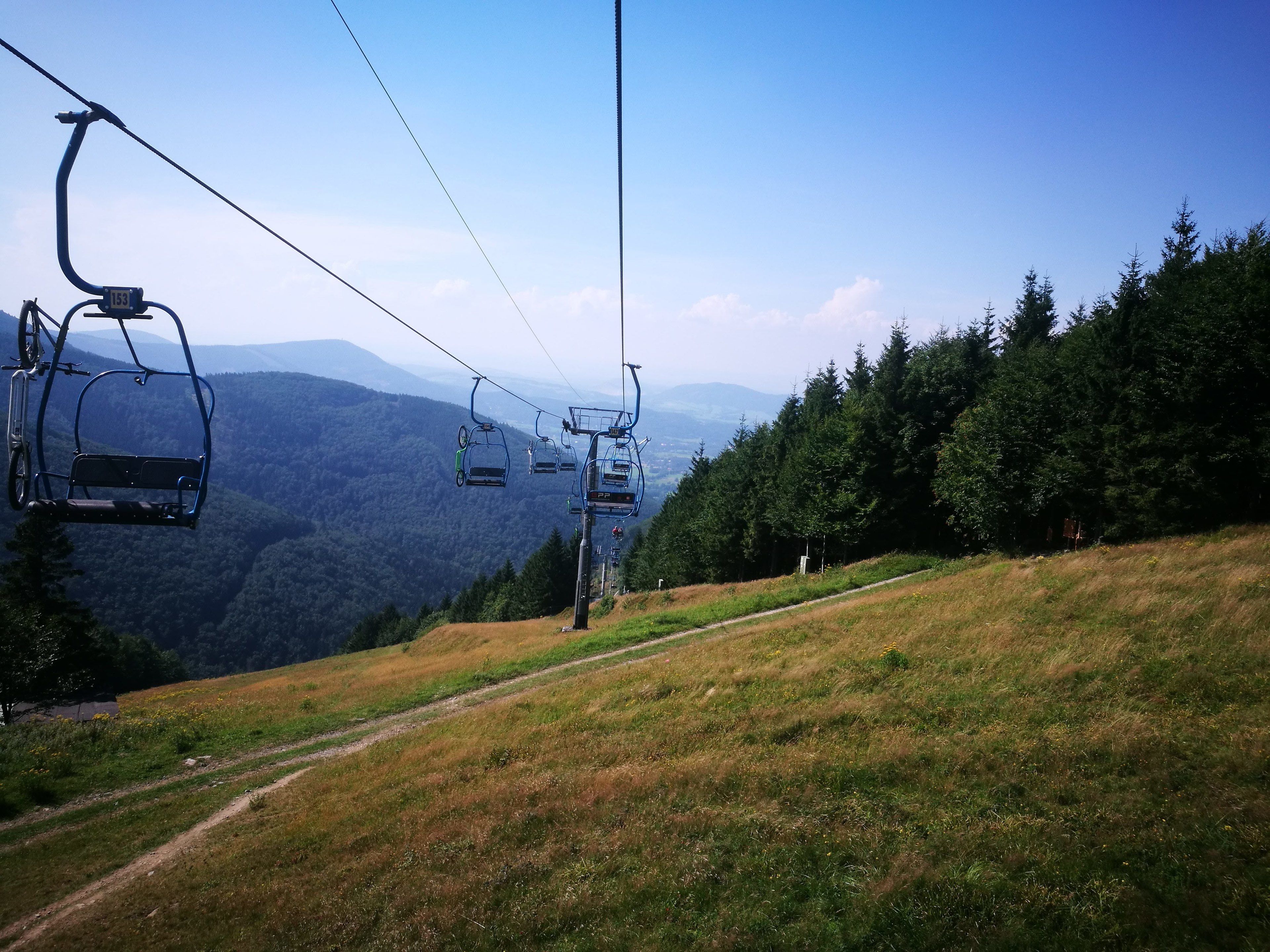 A cable car system with a clear view of the surrounding forest and mountains.