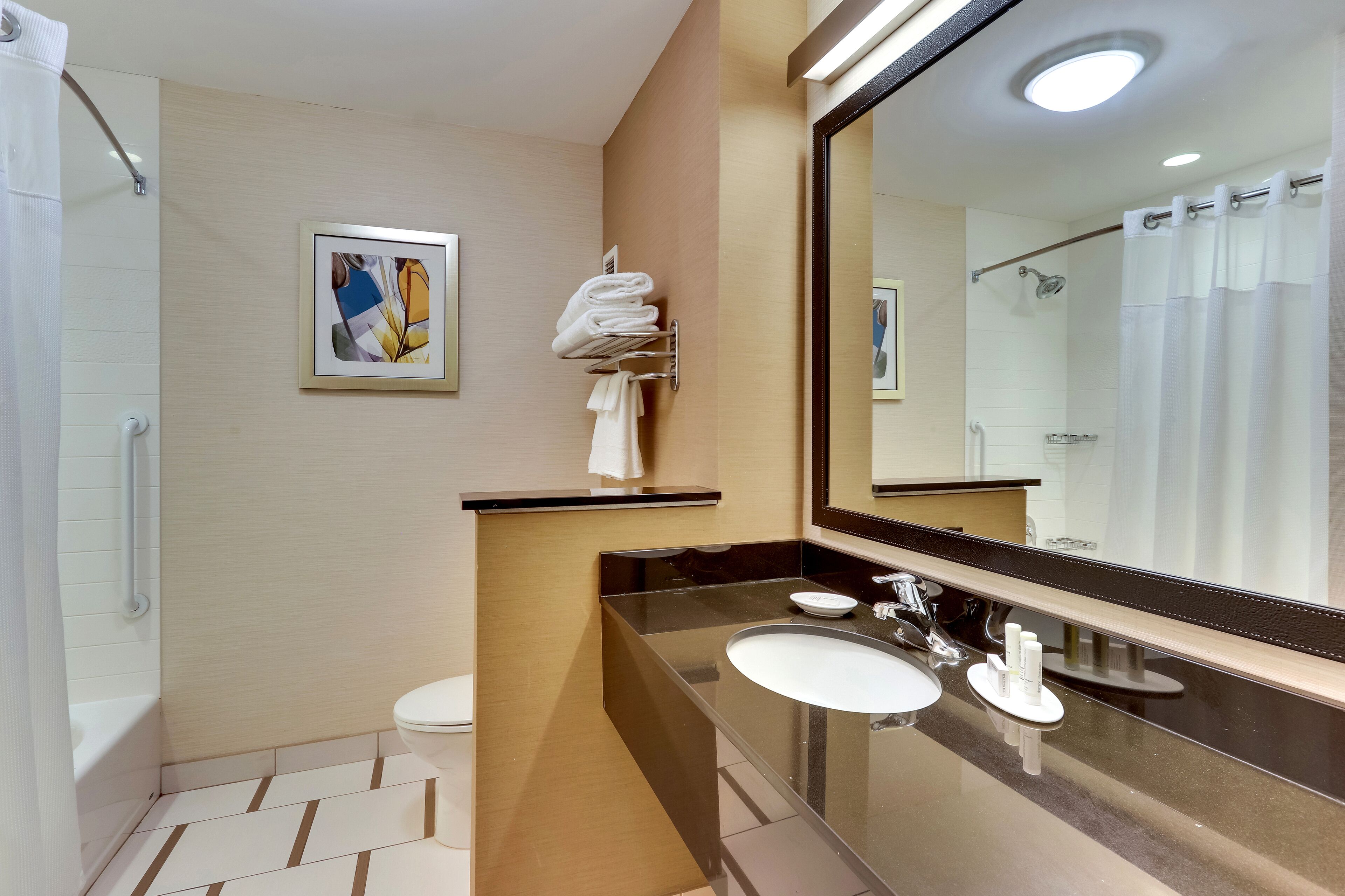 combined shower/bathtub, free toiletries, hair dryer, towels