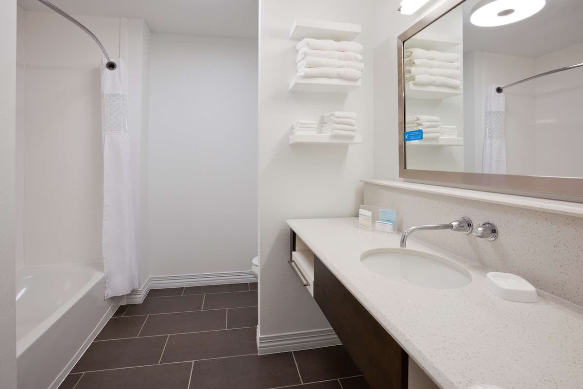 combined shower/bathtub, hair dryer, towels