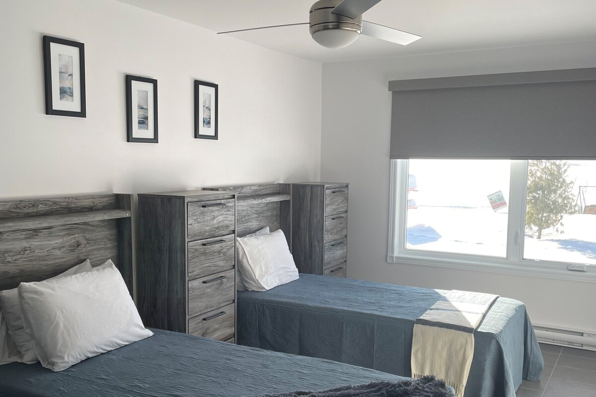 Une chambre avec deux lits, un ventilateur de plafond et une fenêtre donnant sur l’extérieur.