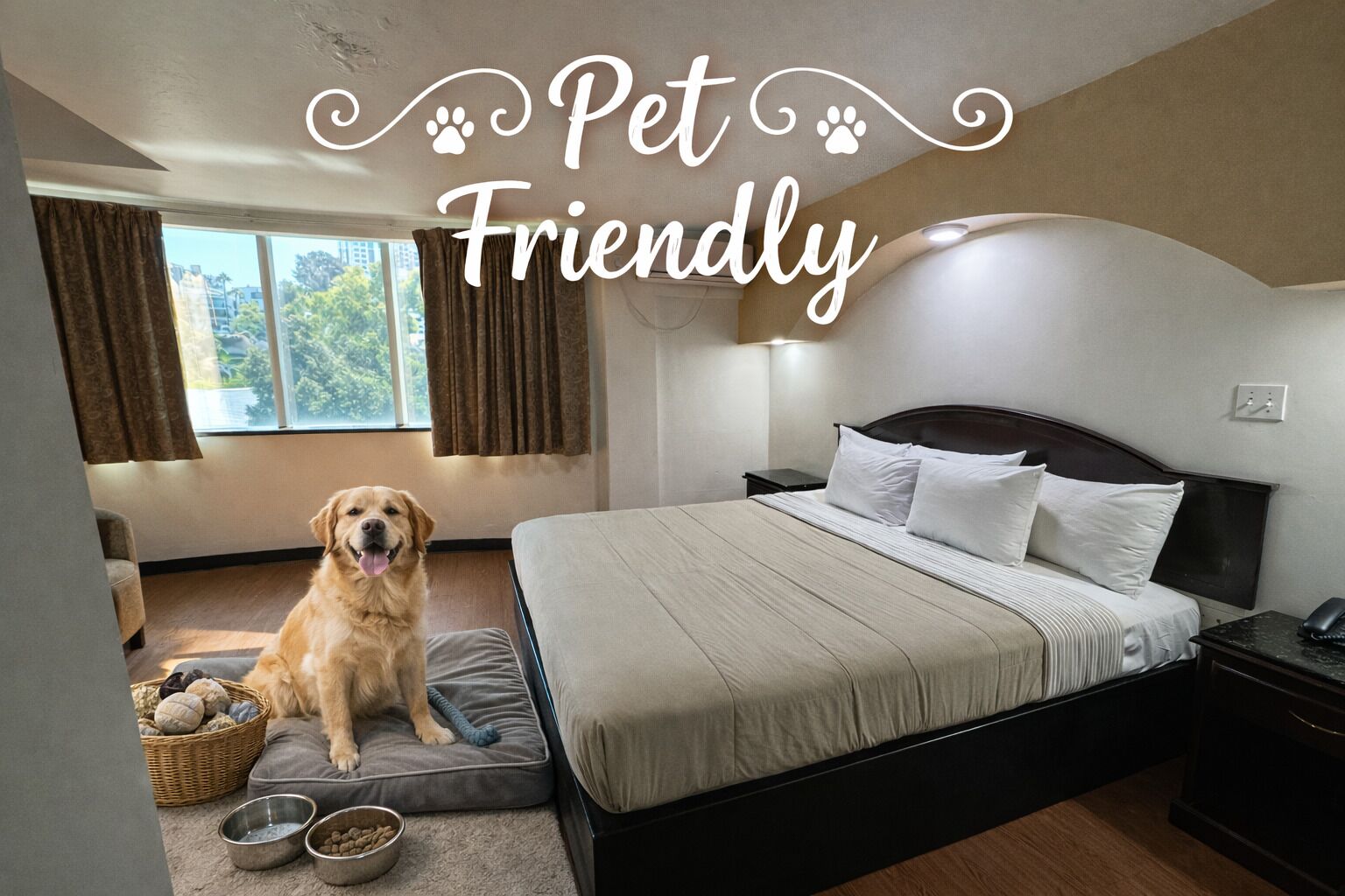 Habitación de hotel que admite mascotas, con cama, un perro y servicios para animales.