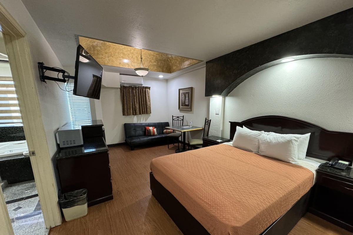 Habitación de hotel con cama, escritorio, sofá, televisor y lámpara en el techo.