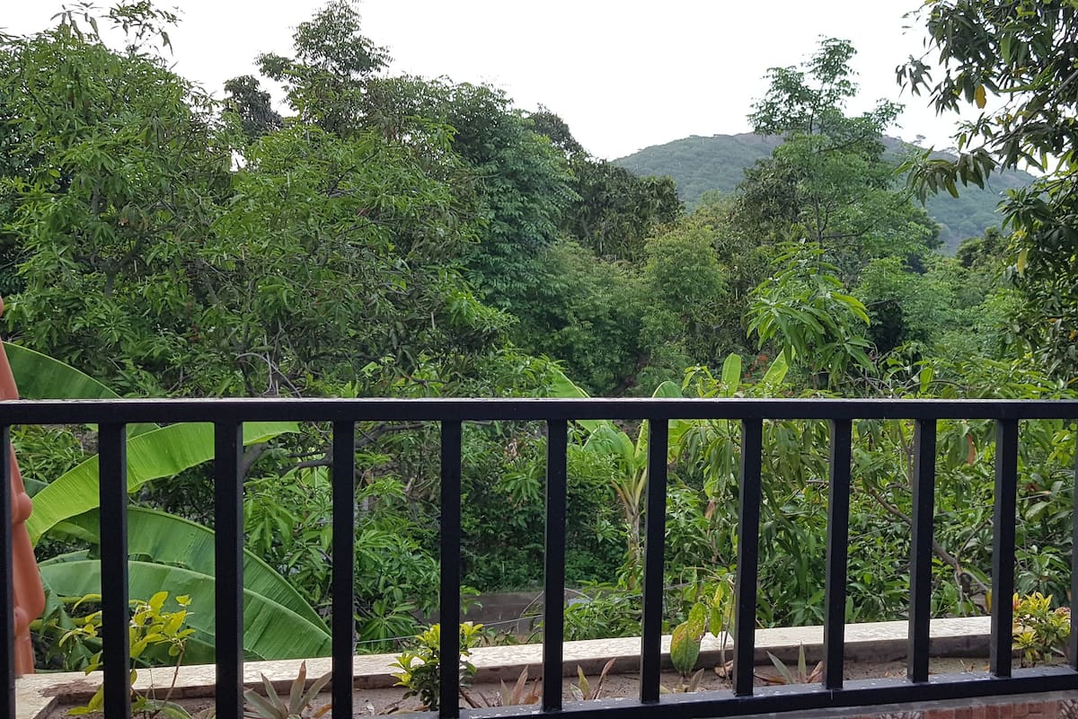 A balcony with a black metal railing overlooking a lush garden and a distant mountain.