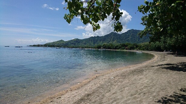 A beach with clear water, a sandy shore, and mountains in the background.