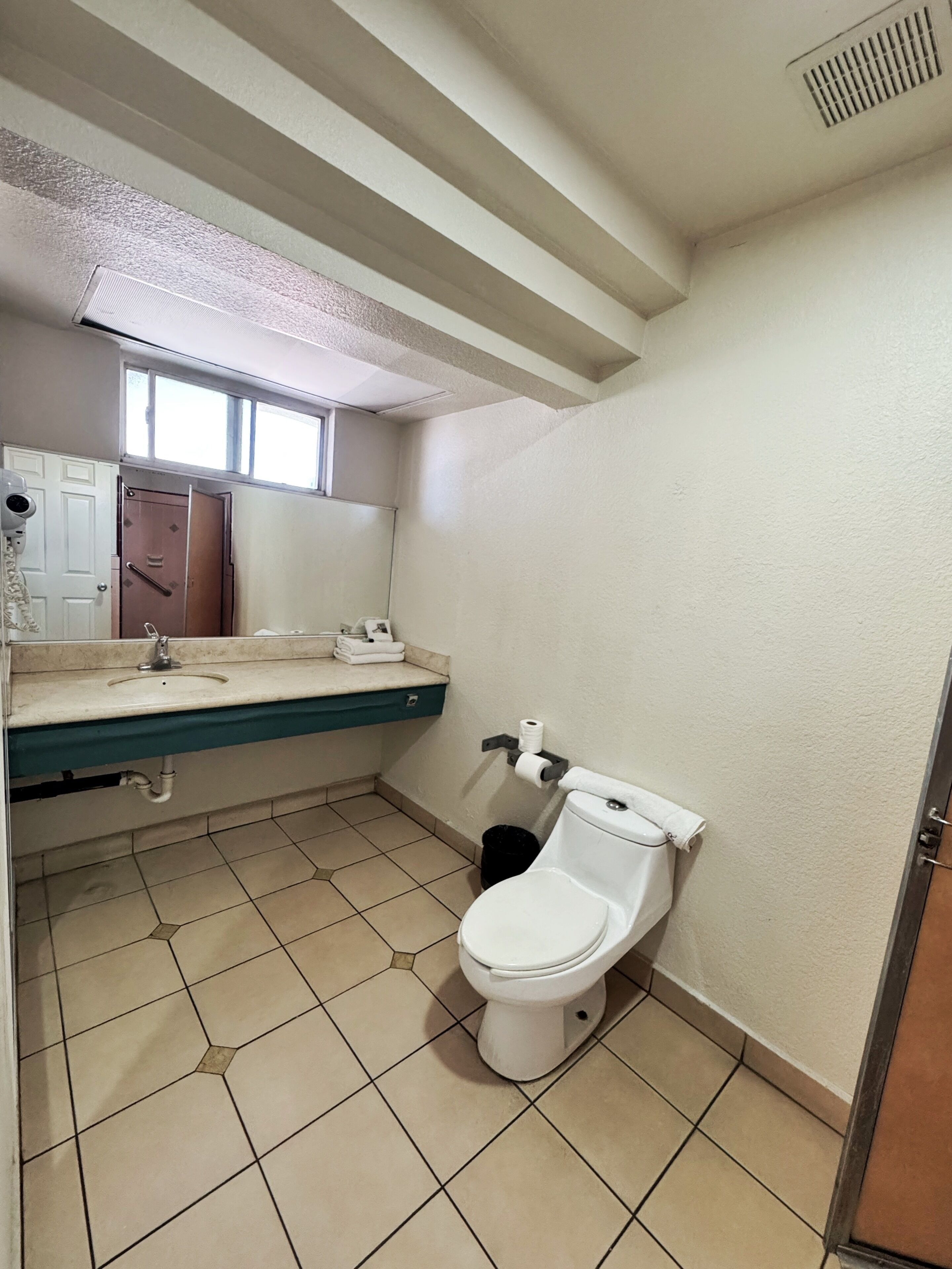 A bathroom with a toilet, sink, and towel rack.