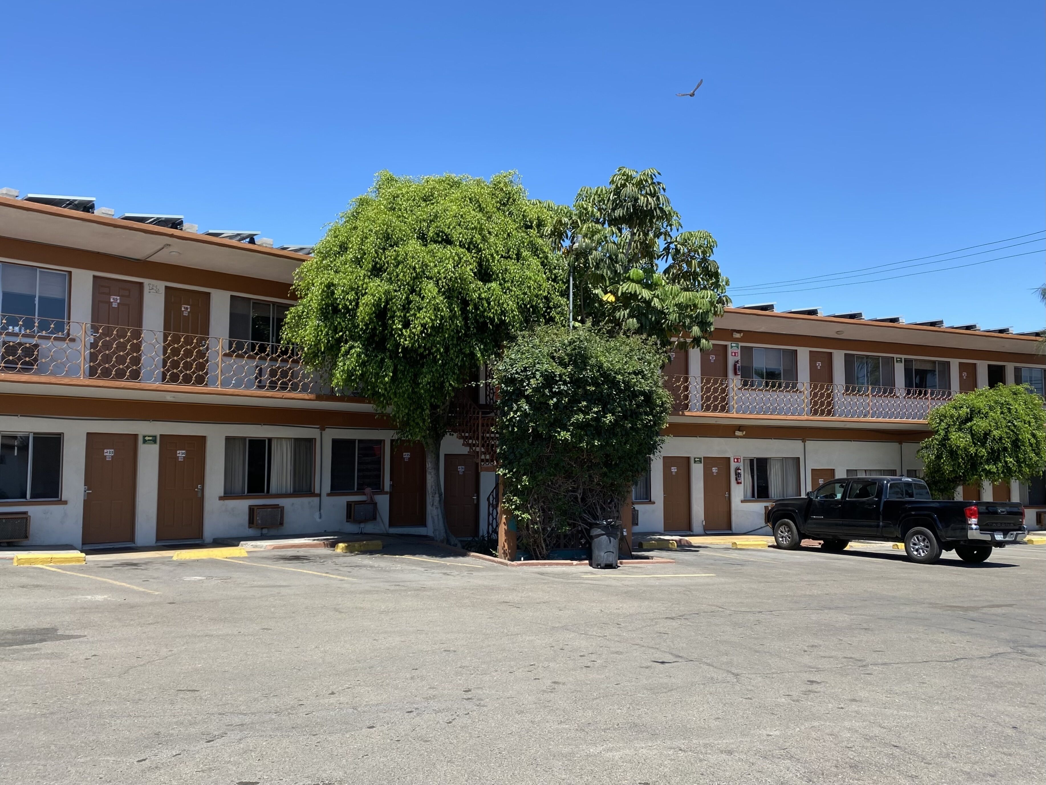 A motel with multiple rooms, a parking lot, and a tree in front.