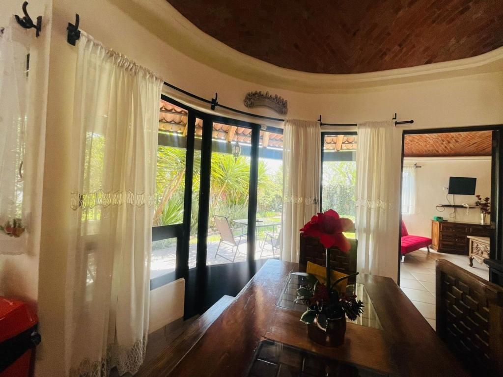 Una habitación con una mesa de madera, una silla roja, una planta en maceta y vistas al exterior a través de un ventanal.