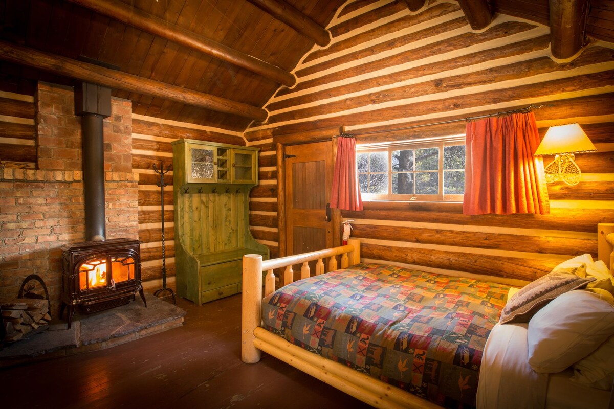 A log cabin room with a wooden bed, a green cabinet, a fireplace, and a window with curtains.