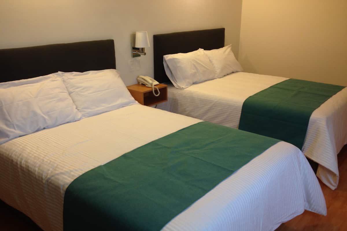 Two single beds with white linens and green bedspreads, a bedside table with a phone, and a wall-mounted lamp.