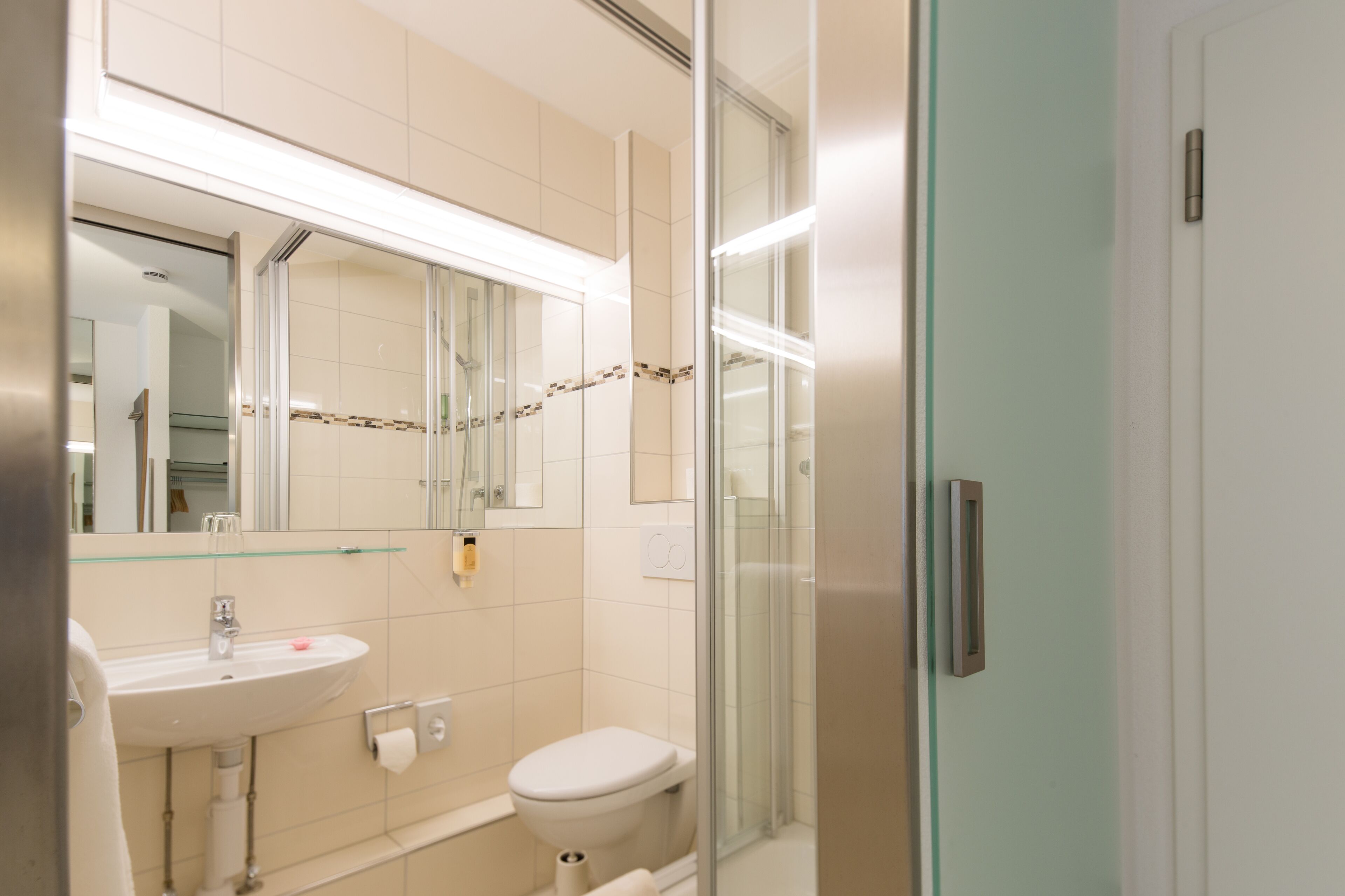 A modern bathroom with a glass shower enclosure, a white sink, and a toilet.