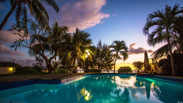 A swimming pool surrounded by palm trees and a sunset sky.