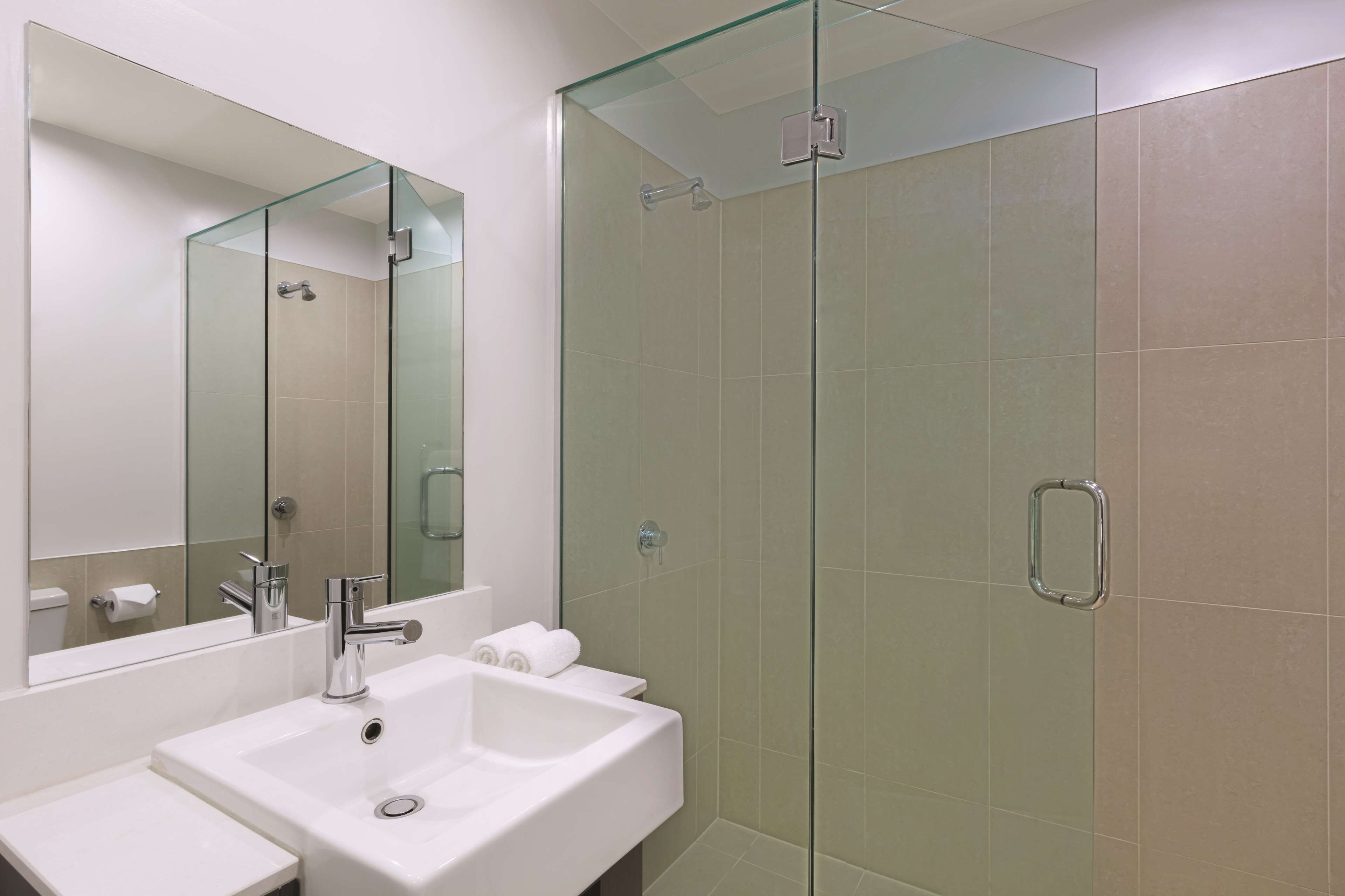 A modern bathroom with a glass-enclosed shower, a white sink, and a large mirror.