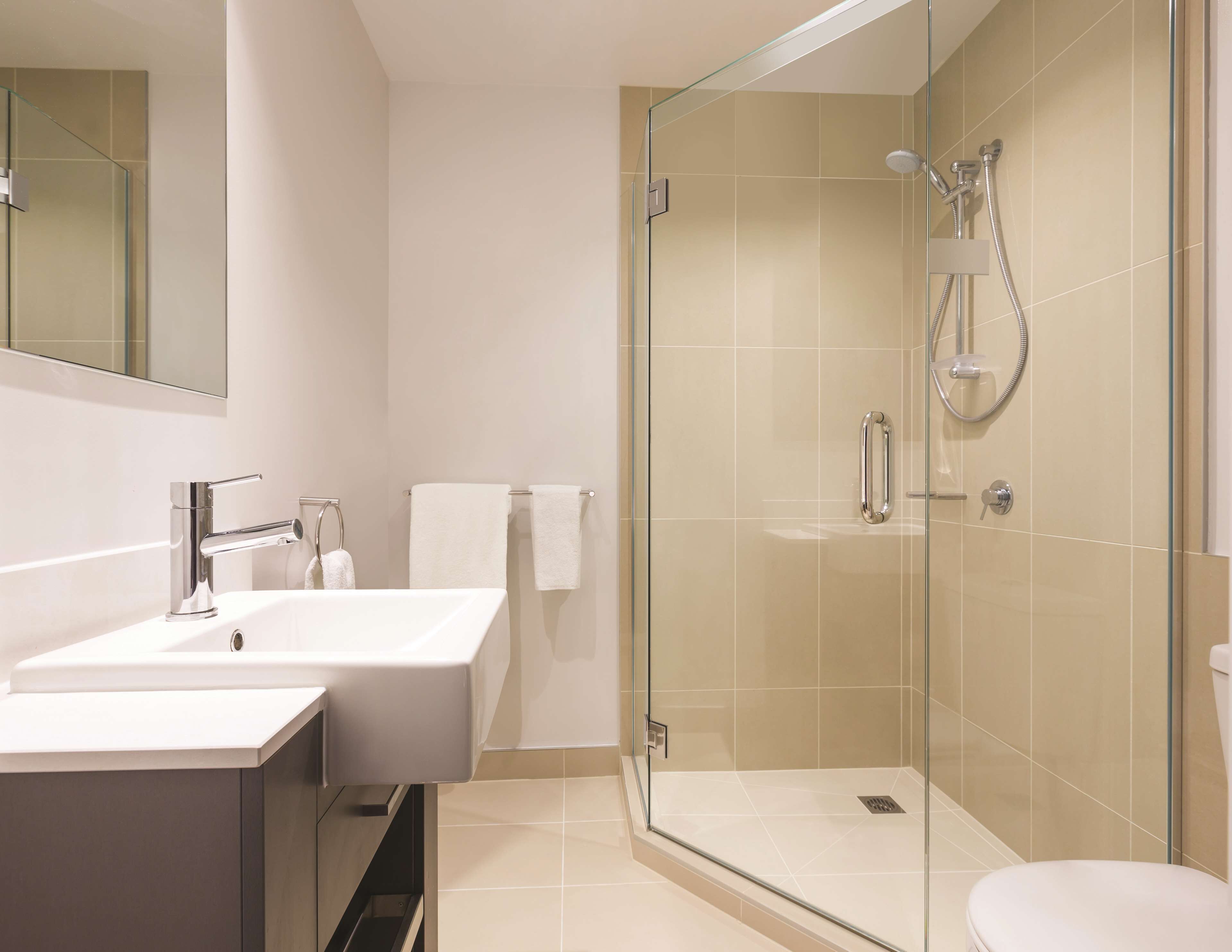 A modern bathroom with a glass-enclosed shower, a white sink, and a toilet.