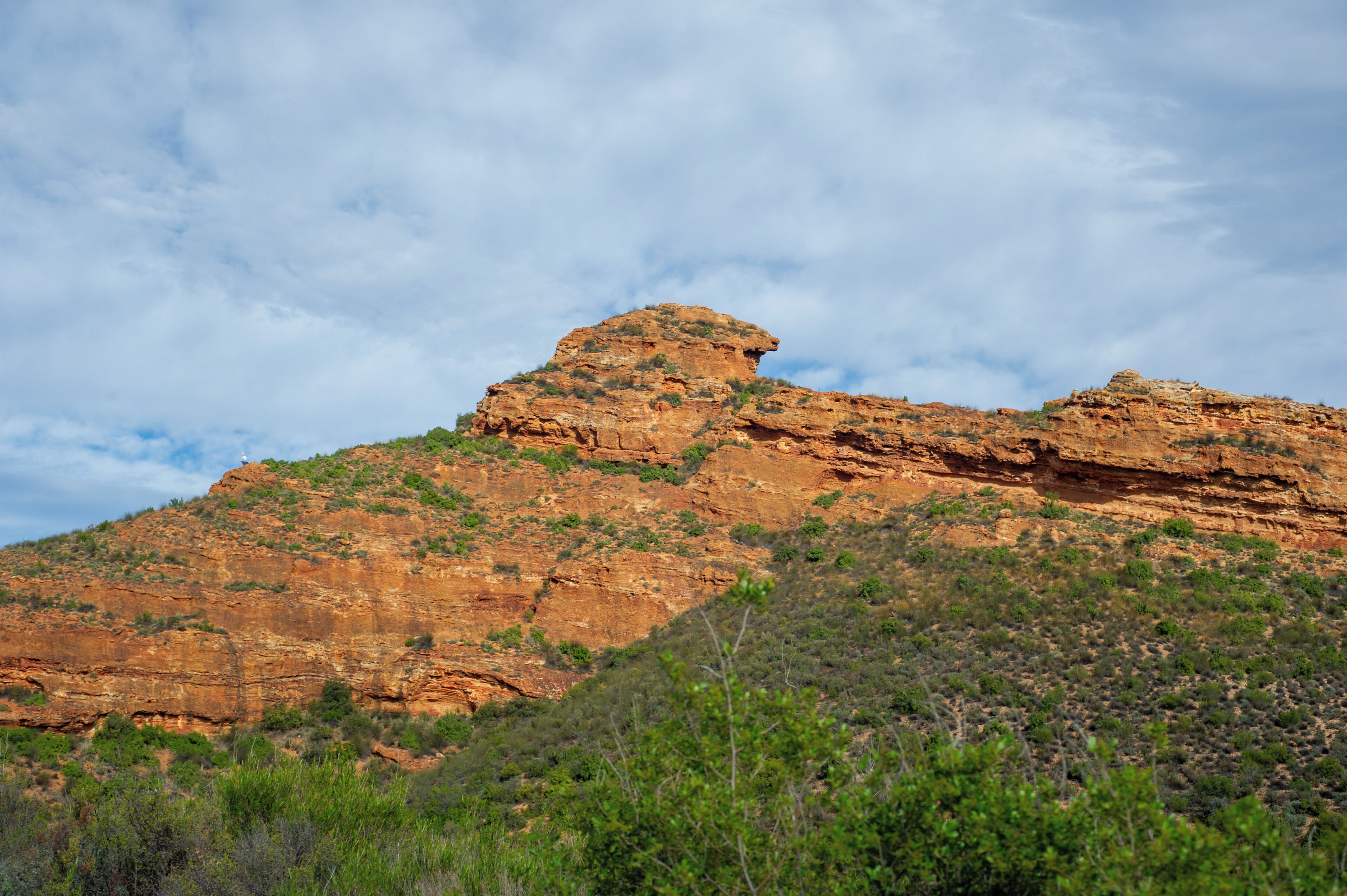 A large, rugged rock formation with sparse vegetation.