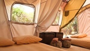 A tent with two beds, a window, and a small table with a cushion.