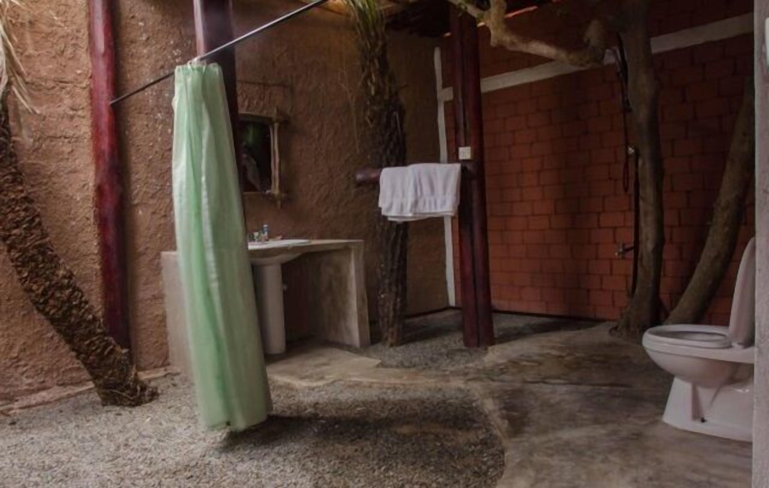 Une salle de bain rustique avec un lavabo en pierre, des toilettes blanches et un rideau de douche vert.