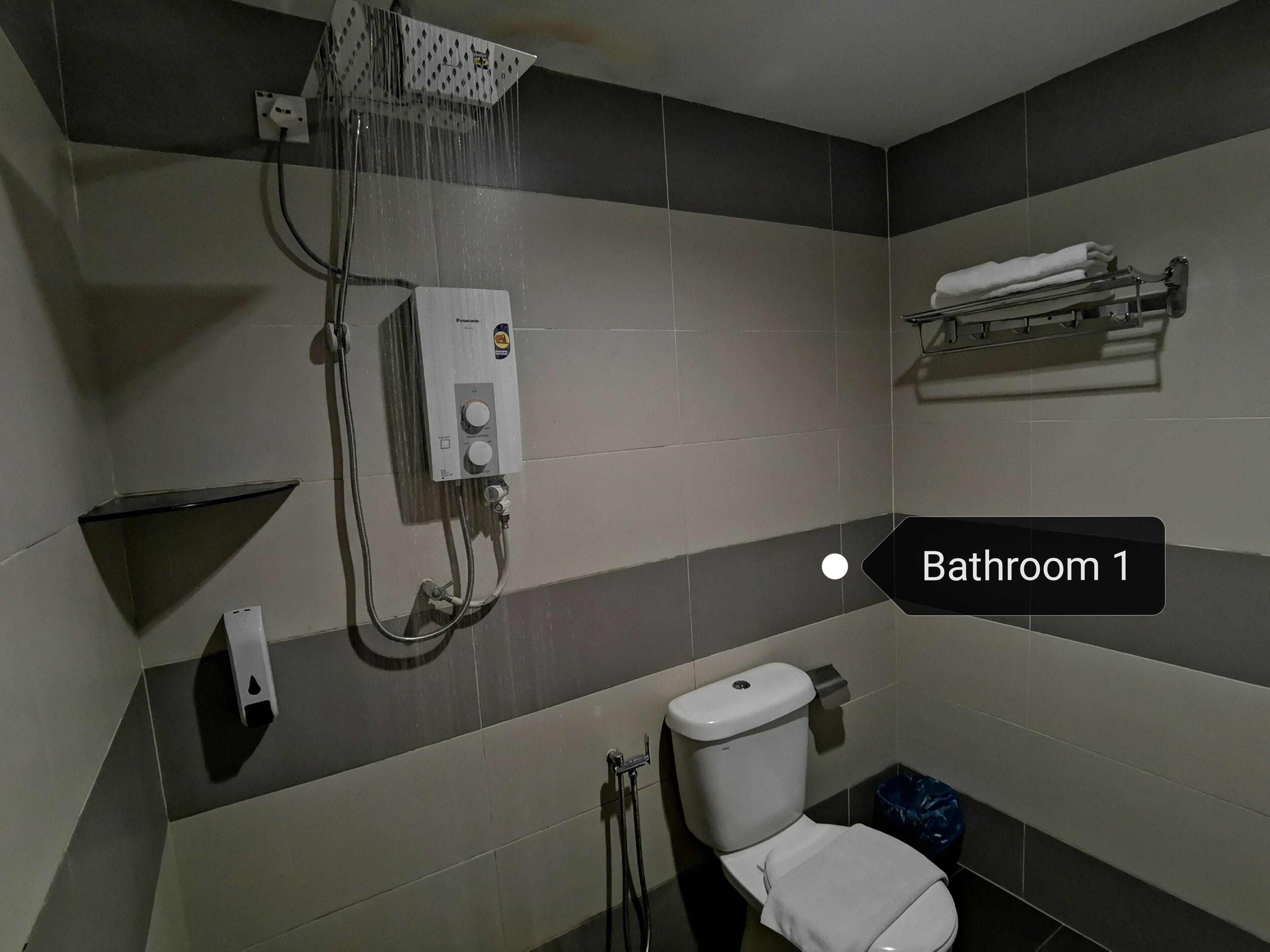 A bathroom with a toilet, a shower, and a towel rack.