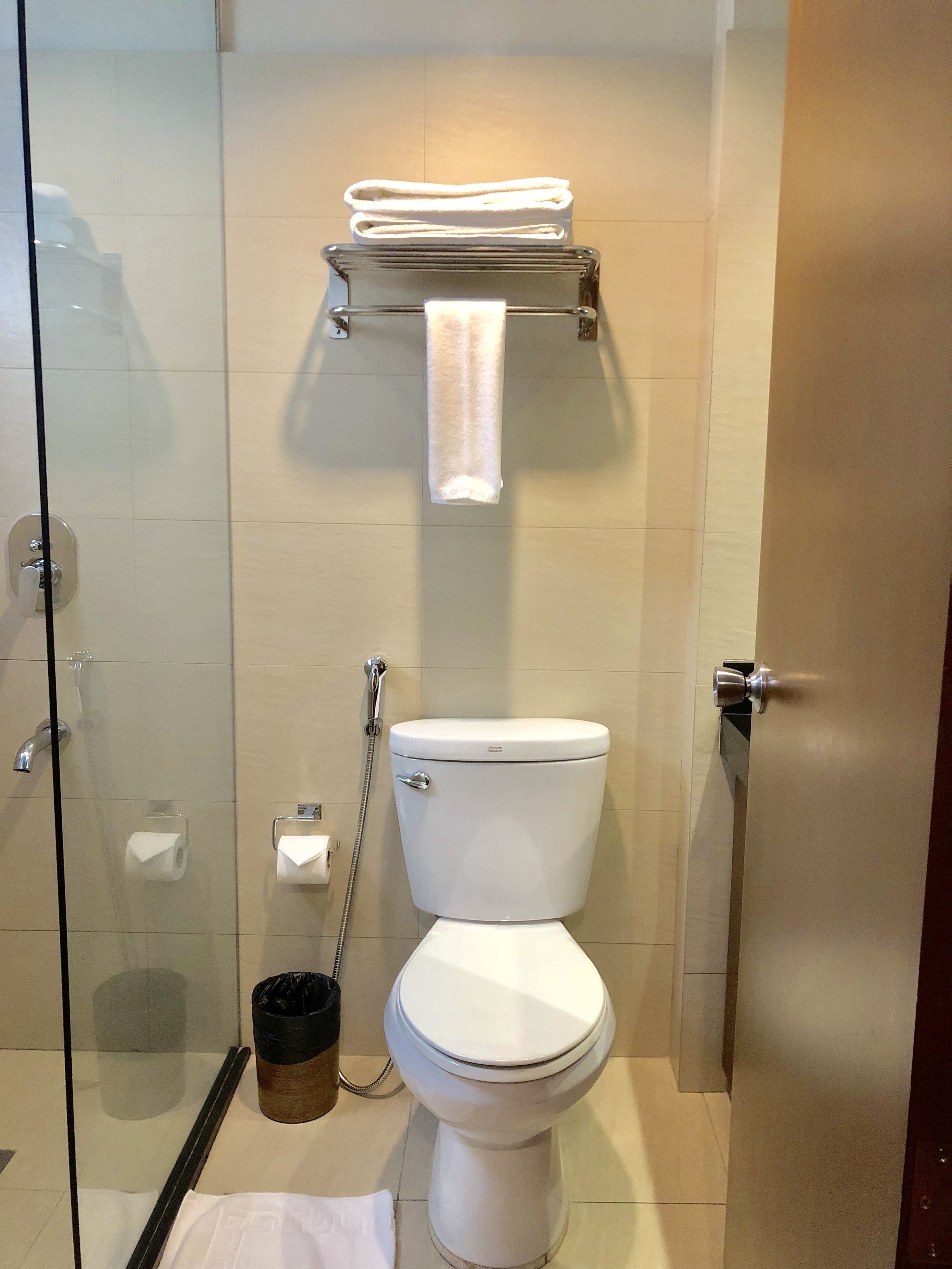 Un baño con cabina de ducha de vidrio, inodoro, toallero y cubo de basura.