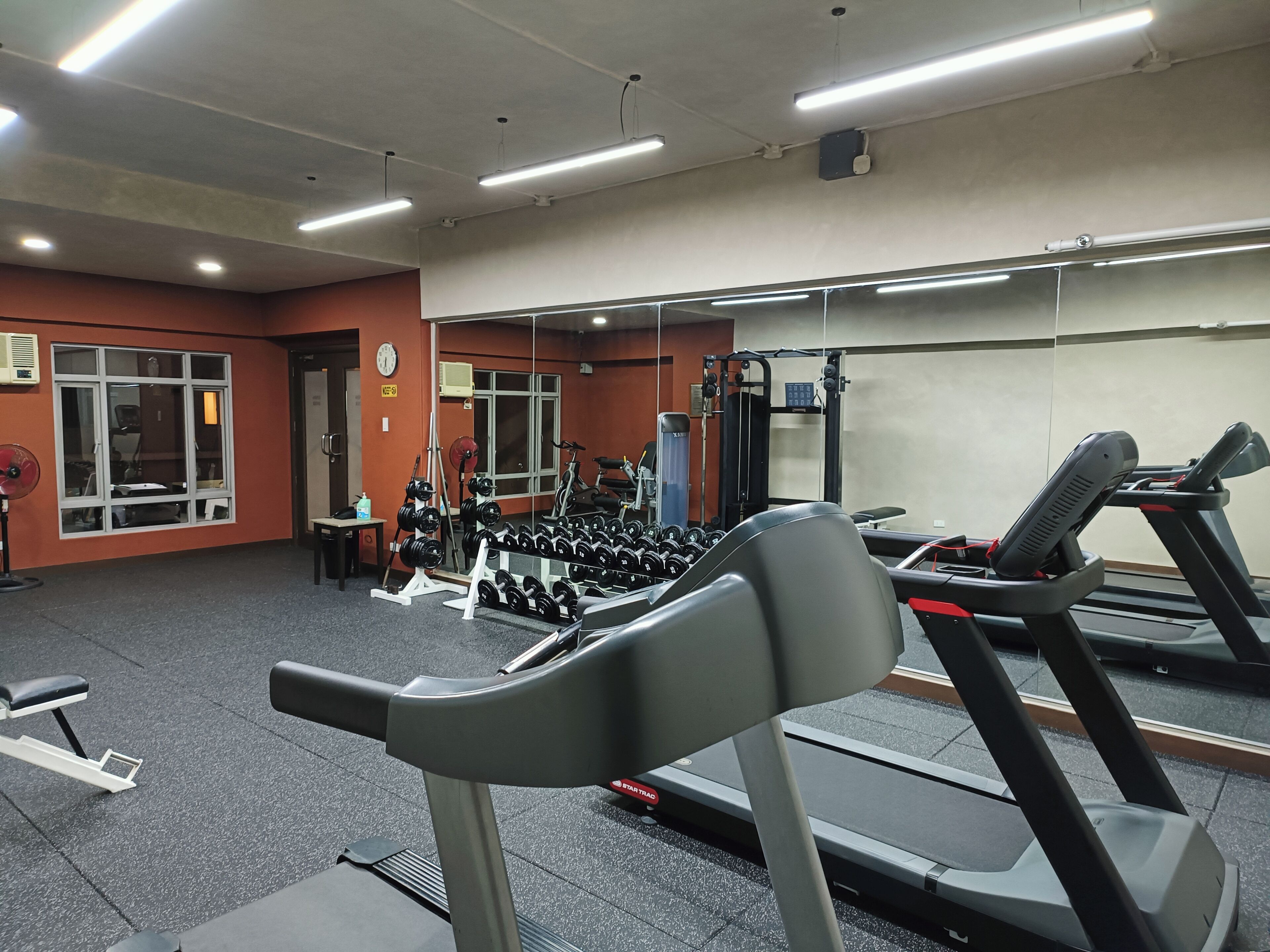 A gym with treadmills, weight benches, and free weights.