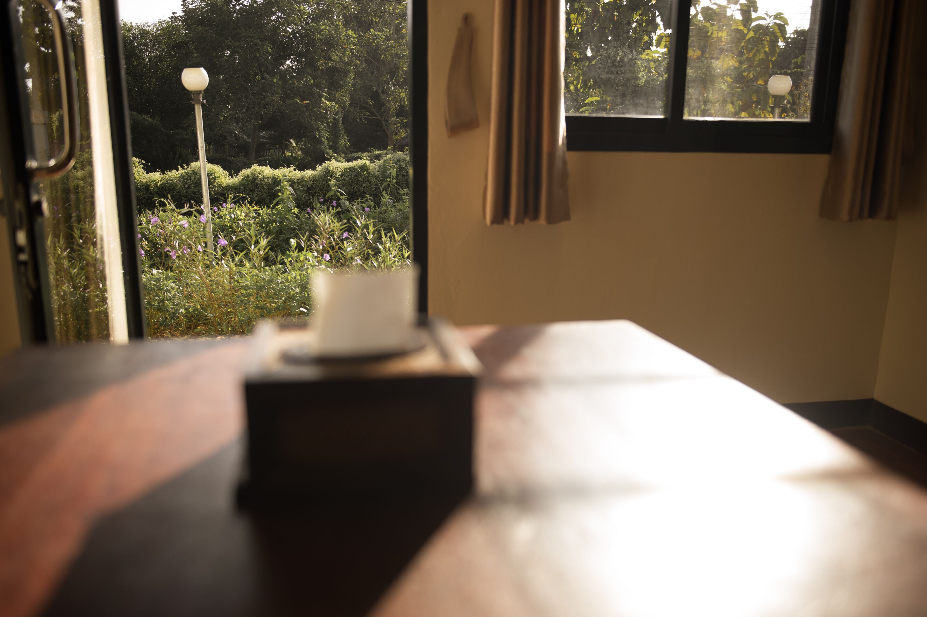 A room with a table, a window with curtains, and a view of greenery outside.