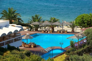 Seasonal outdoor pool, pool umbrellas, pool loungers