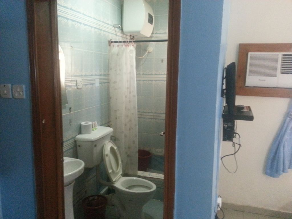 A small bathroom with a toilet, sink, and shower.