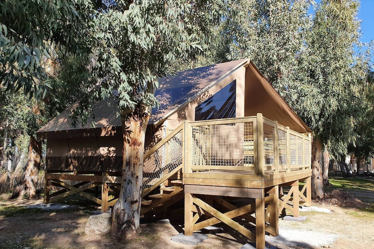 A wooden treehouse with a sloped roof and a wooden staircase leading up to it.