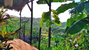 Una terraza de madera con techo de paja, rodeada de exuberante follaje y plantas de banano.
