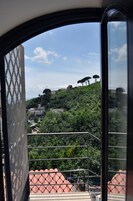 Vista desde una ventana con vistas a una colina con edificios y árboles.
