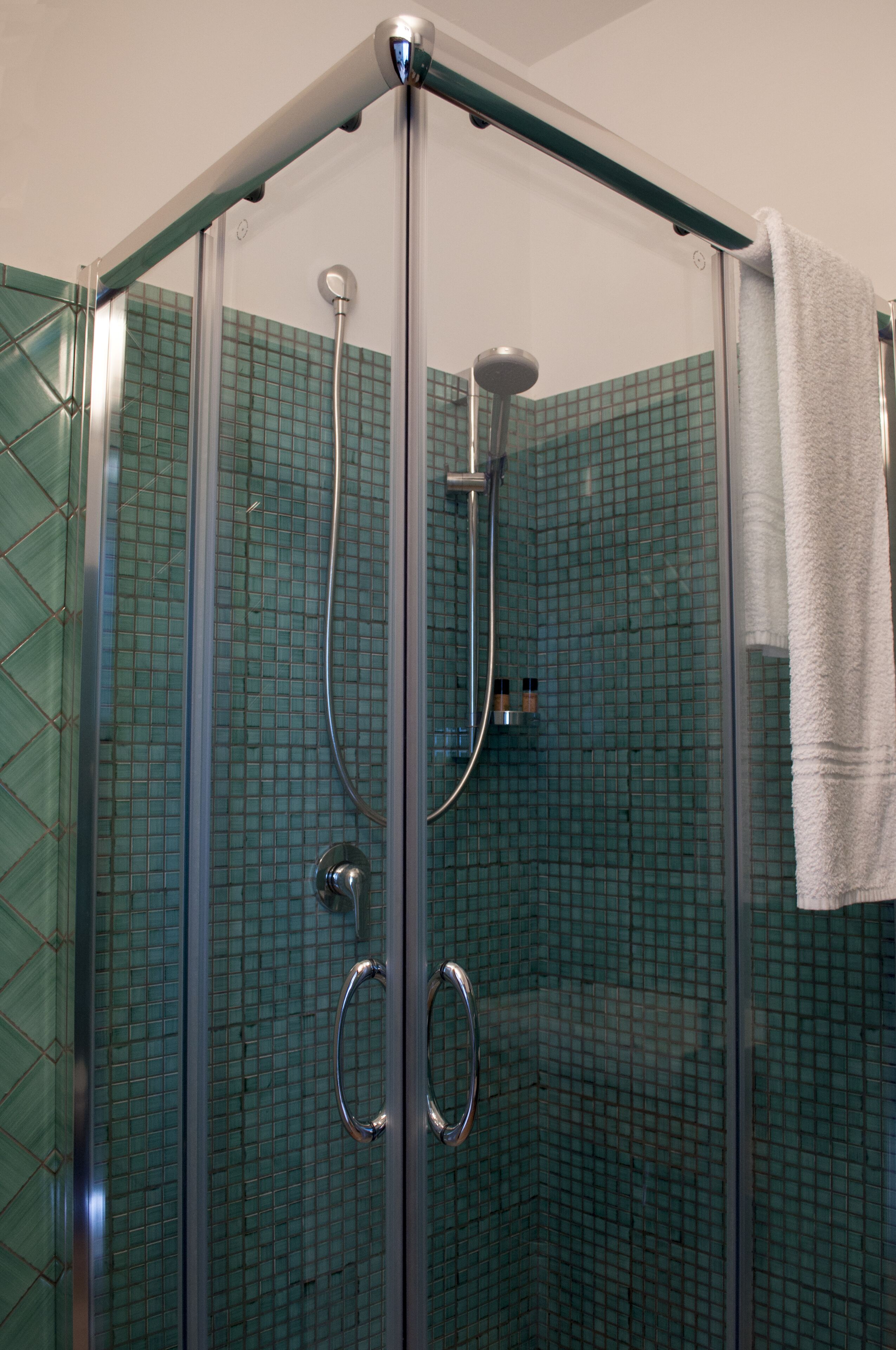 A glass-enclosed shower with a handrail, a towel hanging on the door, and a tiled wall.