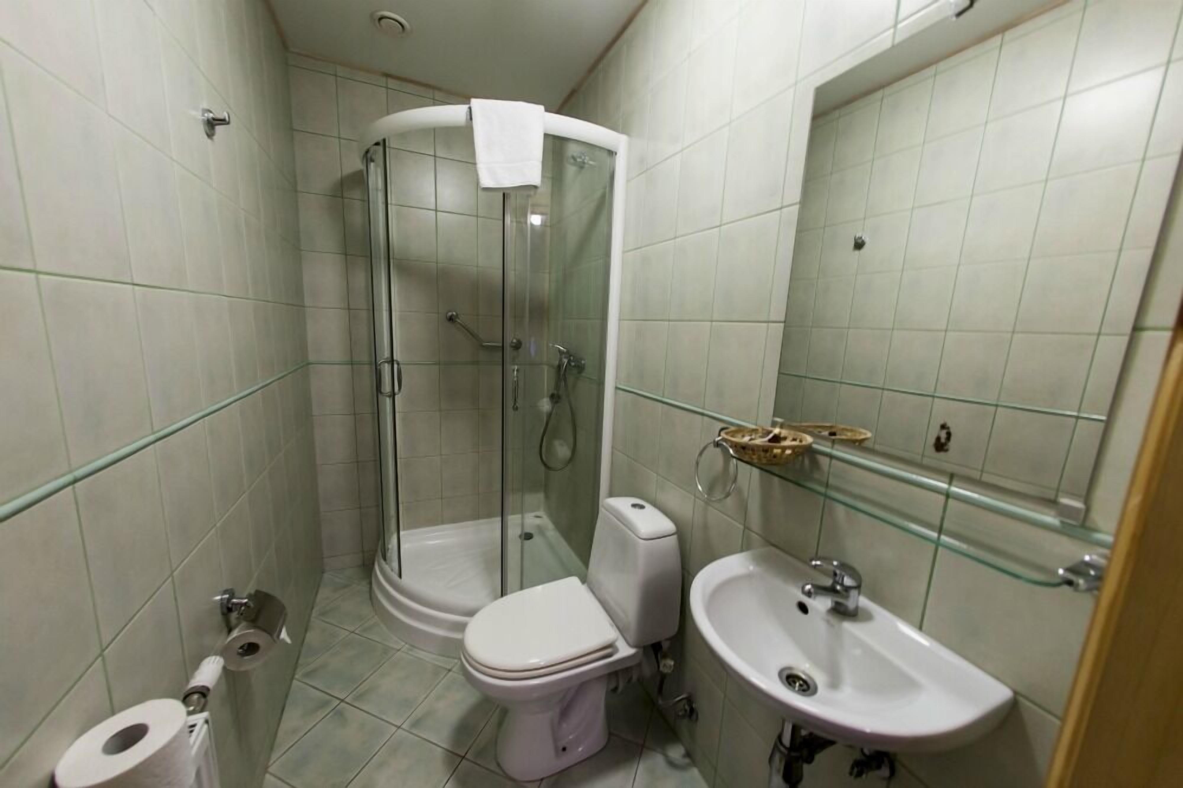 A small bathroom with a glass-enclosed shower, a toilet, a sink, and a mirror.