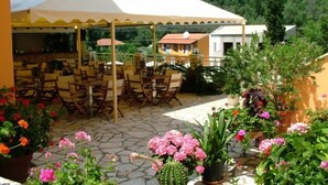 Un espacio al aire libre con mesas y sillas, rodeado de plantas y flores en macetas.
