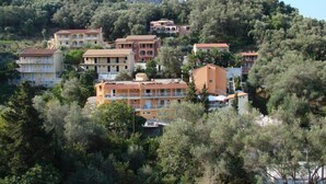 Un pueblo costero con edificios rodeados de árboles y una montaña destacada al fondo.