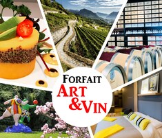 Un collage que muestra un postre, un viñedo, barricas de vino, una escultura y una habitación de hotel.